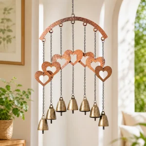 Rustic Heart Wind Chime with Brass Bells, Metal Hanging Decor for Garden Patio Home Porch Balcony Gift