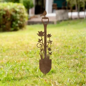 Rustic Metal Garden Spade, Bird and Flower Stake, Heart-Shaped Design, Perfect for Patio, Balcony, Garden Decor, 1Pc