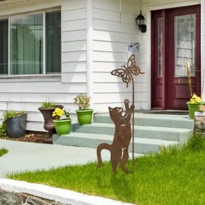 Rusty Metal Cat Garden Stake Whimsical Outdoor Lawn Art with Playful Cat And Butterfly Design for Cat Lovers