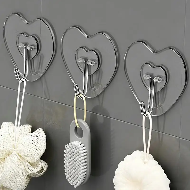 Scratch Free Clear Heart Shaped Hooks 20/40/60Pcs No Drill Plastic Hangers for Dorm Bathroom Kitchen Wall Organization