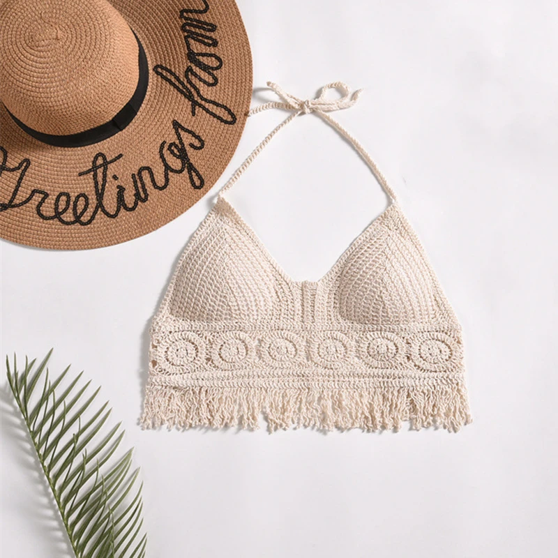 Sexy Beach Camisole Halter Women Hollow Crochet Knit Swimsuit Boho Backless Vest Tassel Tank Crop Top Female Swimwear - Image 2