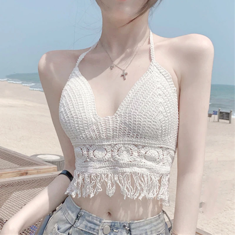Sexy Beach Camisole Halter Women Hollow Crochet Knit Swimsuit Boho Backless Vest Tassel Tank Crop Top Female Swimwear - Image 6