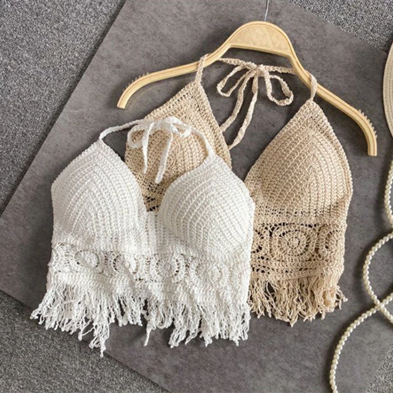 Sexy Beach Camisole Halter Women Hollow Crochet Knit Swimsuit Boho Backless Vest Tassel Tank Crop Top Female Swimwear - Image 3