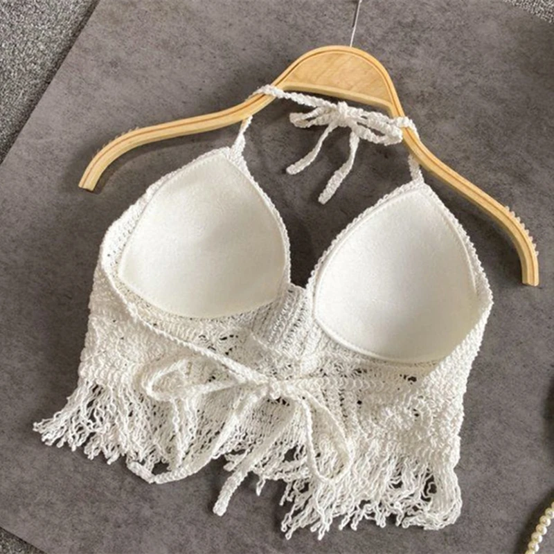 Sexy Beach Camisole Halter Women Hollow Crochet Knit Swimsuit Boho Backless Vest Tassel Tank Crop Top Female Swimwear - Image 4