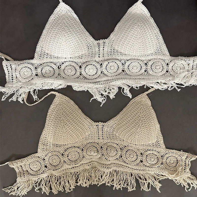 Sexy Beach Camisole Halter Women Hollow Crochet Knit Swimsuit Boho Backless Vest Tassel Tank Crop Top Female Swimwear - Image 5