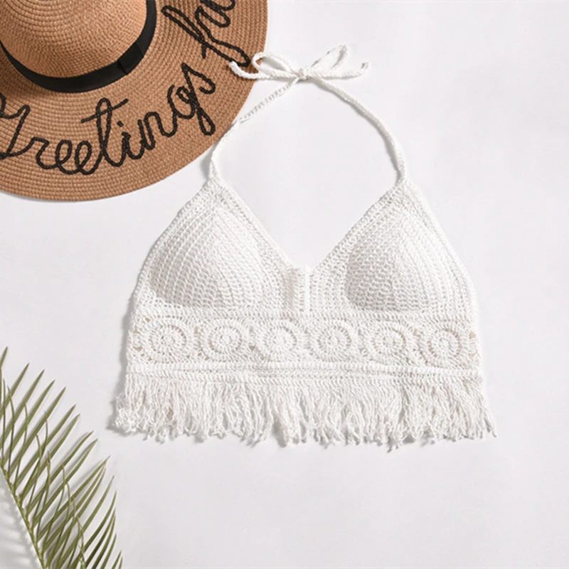 Sexy Beach Camisole Halter Women Hollow Crochet Knit Swimsuit Boho Backless Vest Tassel Tank Crop Top Female Swimwear
