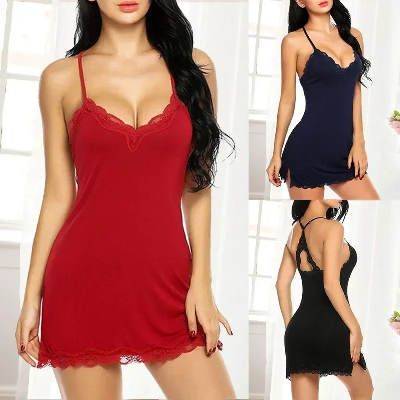 Sexy Mini Dress Fashion Lingerie Ladies Sleepwear Women Satin Nighties See Through Nightwear Lace Nightgowns Silk Pajamas - Image 3