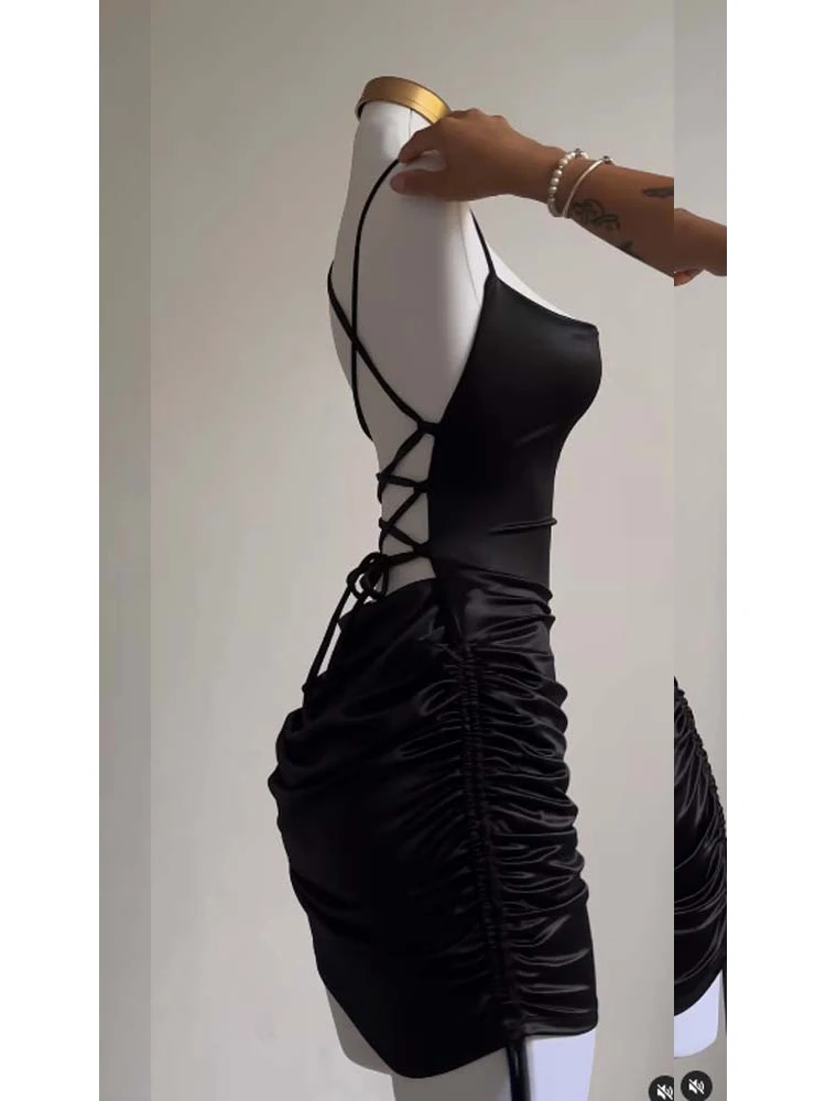 Sexy Satin Lace Up Bodycon Mini Dress Women Sleeveless Backless Party Club Dresses Streetwear Elegant Evening Clothes Black Robe - Image 4