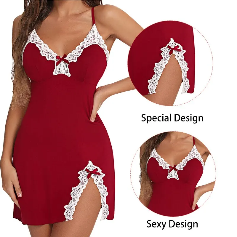 Sexy Sleepwear Women Lace Silk Satin V-Neck Nightgown Split Hem Soft Lingerie Night Dress Sleeveless Sleepwear Female Clothes - Image 3