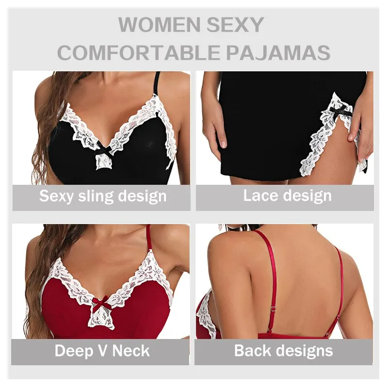 Sexy Sleepwear Women Lace Silk Satin V-Neck Nightgown Split Hem Soft Lingerie Night Dress Sleeveless Sleepwear Female Clothes - Image 5