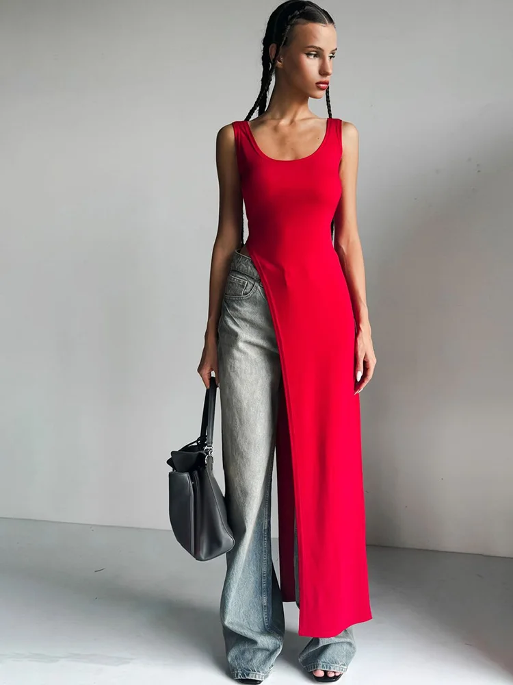 Sexy Sleeveless Side High Split Midi Dress Backless Women's Summer Party Club Streetwear Y2K Style Solid Color - Image 2