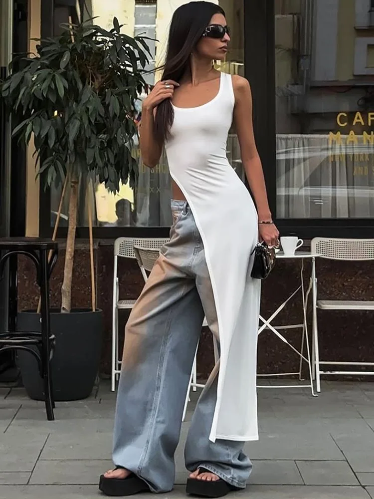 Sexy Sleeveless Side High Split Midi Dress Backless Women's Summer Party Club Streetwear Y2K Style Solid Color - Image 5