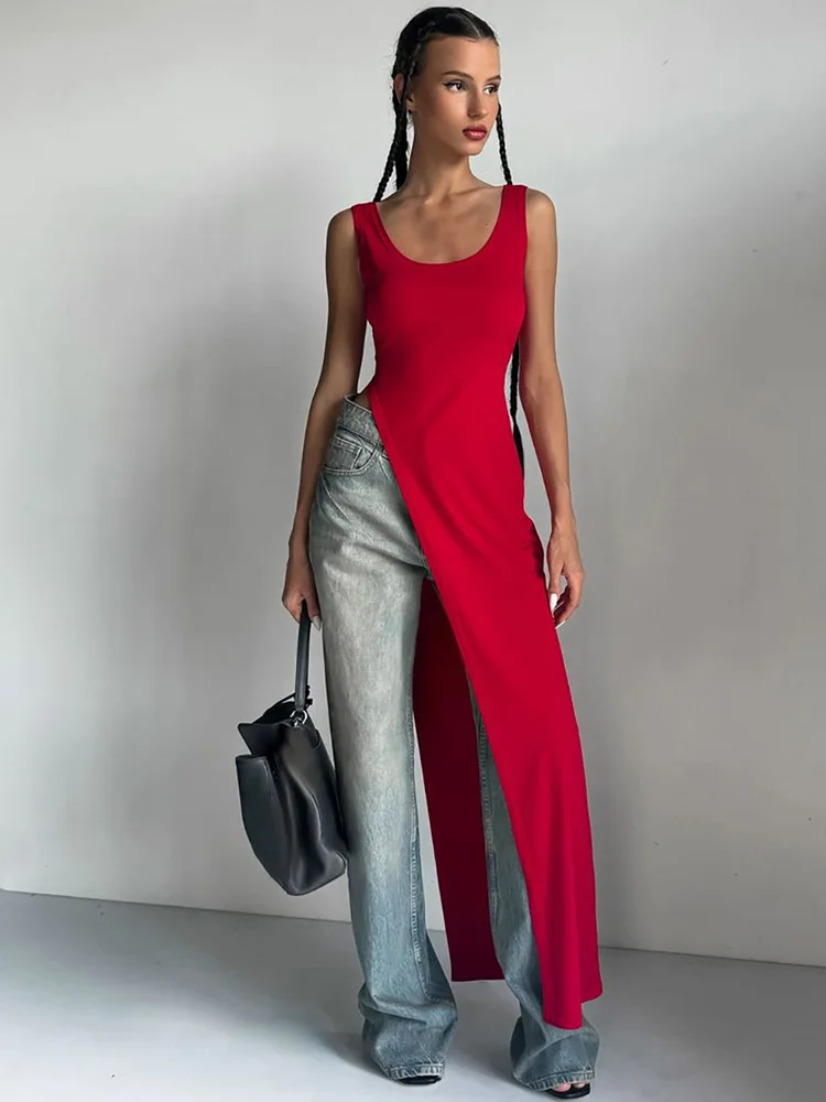 Sexy Sleeveless Side High Split Midi Dress Backless Women's Summer Party Club Streetwear Y2K Style Solid Color - Image 3