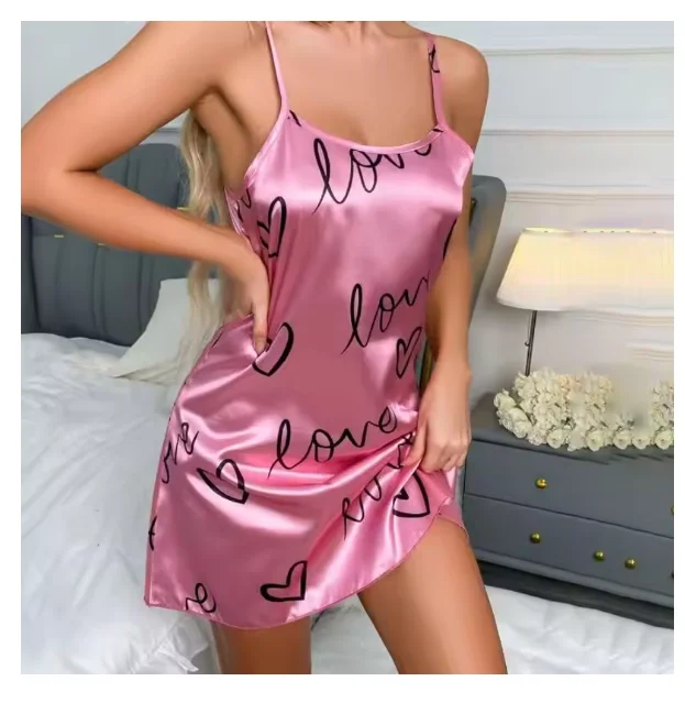 Sleepwear Women's Sexy Lingerie Heart Print Nightdress Scoop Neck Criss Cross Back Sleepdress Nightgowns Pajamas Nighties - Image 3