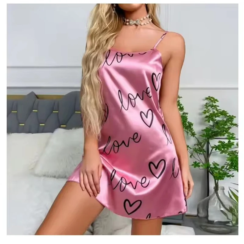 Sleepwear Women's Sexy Lingerie Heart Print Nightdress Scoop Neck Criss Cross Back Sleepdress Nightgowns Pajamas Nighties
