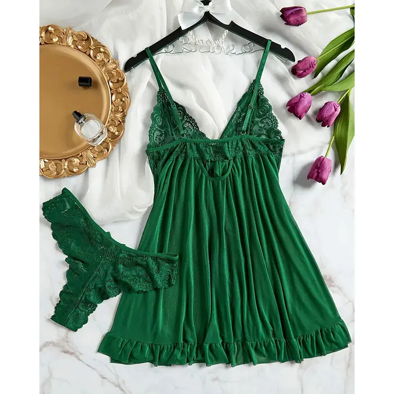 Soft Sheer Nighty Pajamas Hotselling Nightgowns Dark Green Halter Dress Women Sleepwear Sexy Bra Plus Size Nightdress Thong Sets - Image 2