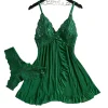 Soft Sheer Nighty Pajamas Hotselling Nightgowns Dark Green Halter Dress Women Sleepwear Sexy Bra Plus Size Nightdress Thong Sets