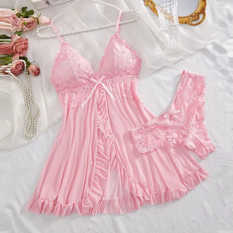 Soft Sheer Nighty Pajamas Hotselling Nightgowns Dark Green Halter Dress Women Sleepwear Sexy Bra Plus Size Nightdress Thong Sets - Image 6
