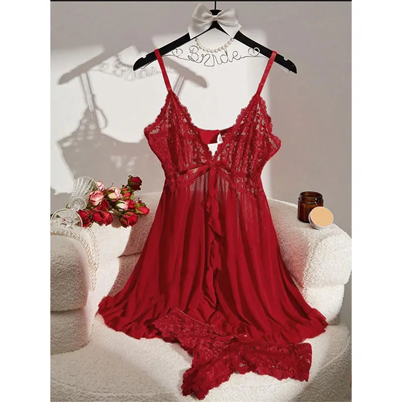 Soft Sheer Nighty Pajamas Hotselling Nightgowns Dark Green Halter Dress Women Sleepwear Sexy Bra Plus Size Nightdress Thong Sets - Image 3