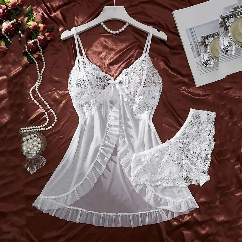 Soft Sheer Nighty Pajamas Hotselling Nightgowns Dark Green Halter Dress Women Sleepwear Sexy Bra Plus Size Nightdress Thong Sets - Image 4