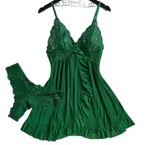 Soft Sheer Nighty Pajamas Hotselling Nightgowns Dark Green Halter Dress Women Sleepwear Sexy Bra Plus Size Nightdress Thong Sets