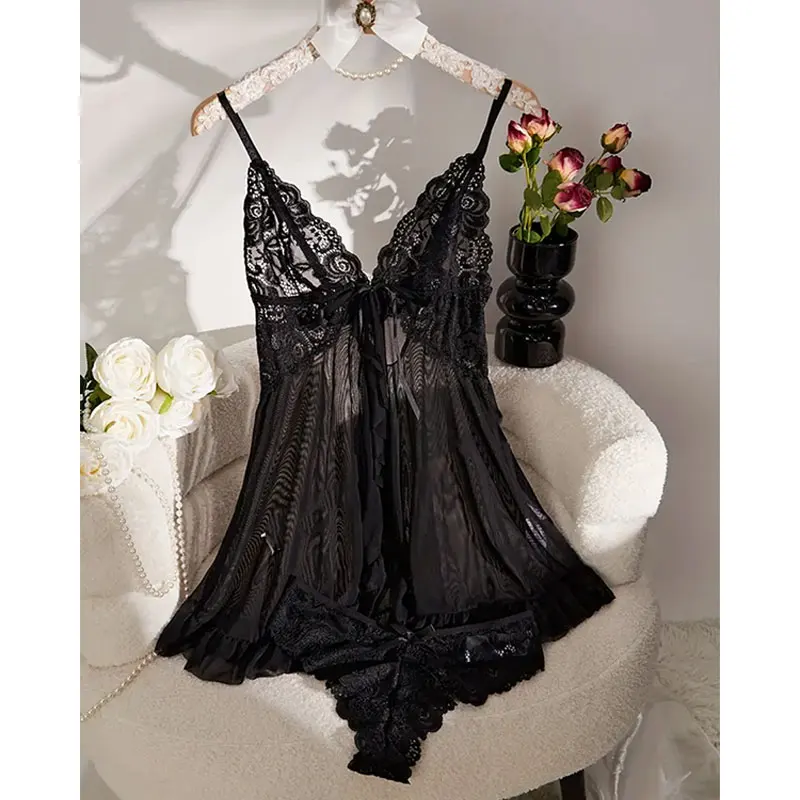 Soft Sheer Nighty Pajamas Hotselling Nightgowns Dark Green Halter Dress Women Sleepwear Sexy Bra Plus Size Nightdress Thong Sets - Image 5