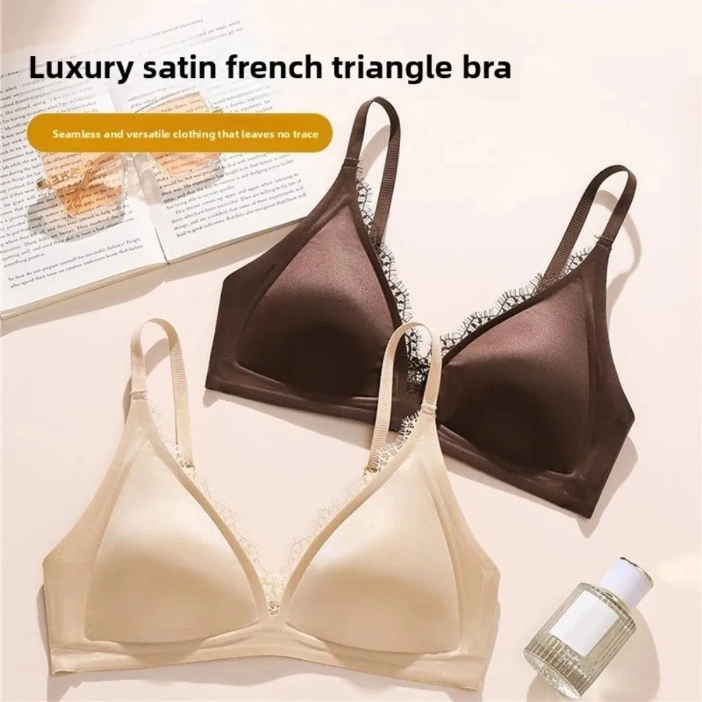 Soft Sweet Satin Satin Wireless V Bra V Lace Neck Solid Color Push Up Underwear Comfortable Lingerie Seamless Bras Girls Women - Image 4