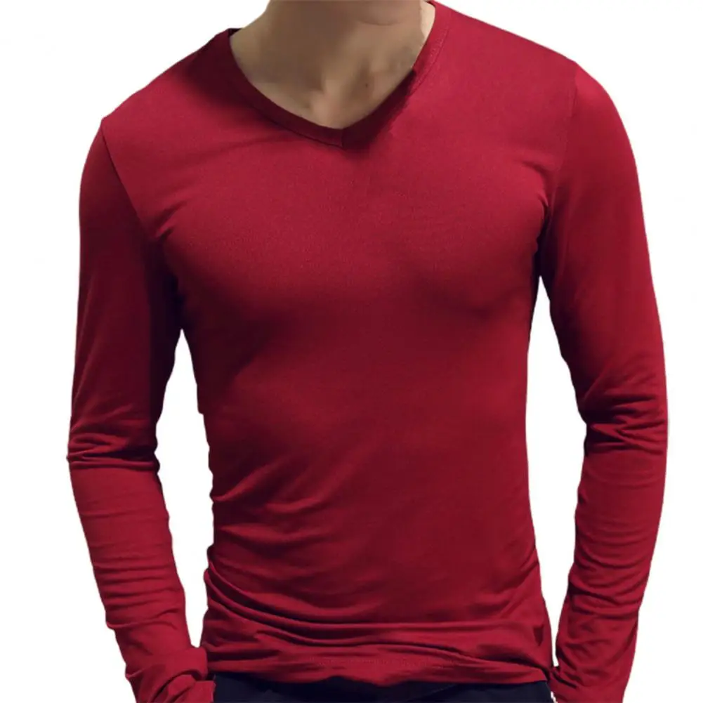 Sports Gym Long Sleeve Slim Fit T-shirt Men's Solid Color Casual V-neck Underlay Shirt Round Neck T Shirt Fitness Sport T Shirt - Image 2