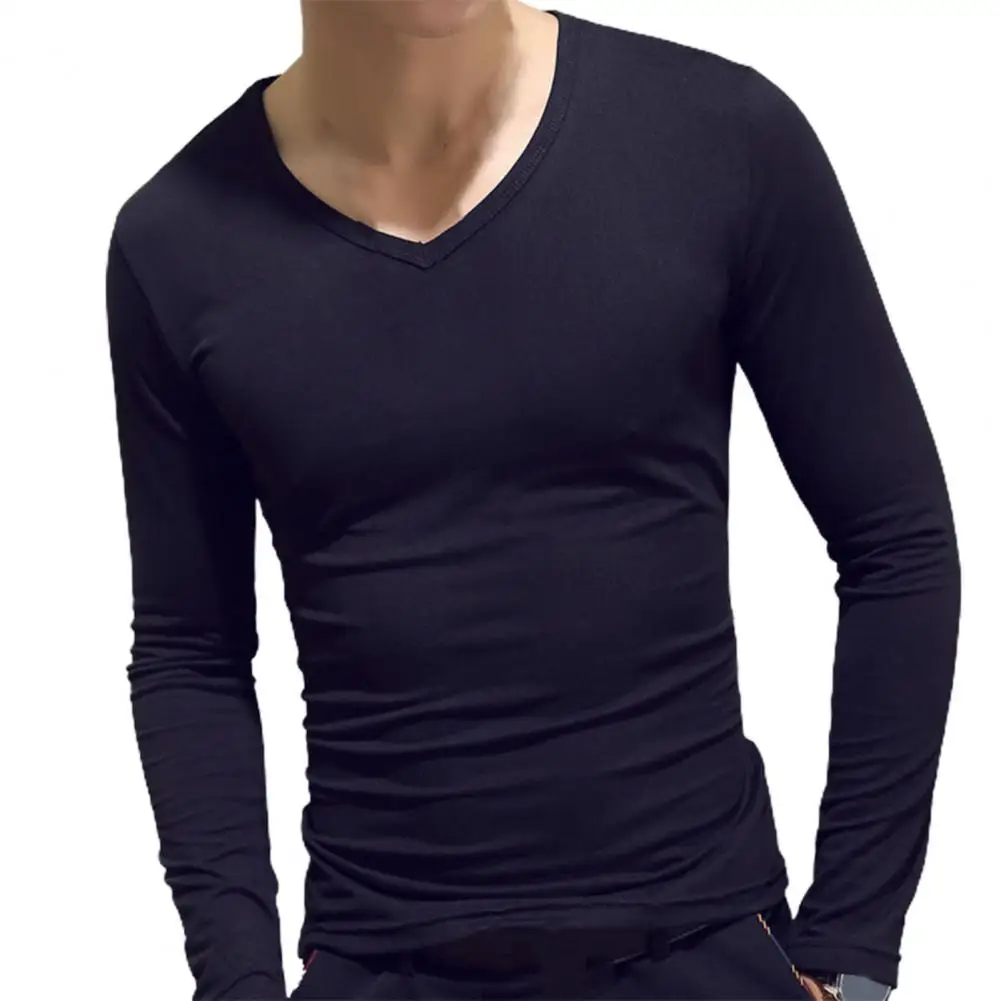 Sports Gym Long Sleeve Slim Fit T-shirt Men's Solid Color Casual V-neck Underlay Shirt Round Neck T Shirt Fitness Sport T Shirt - Image 3