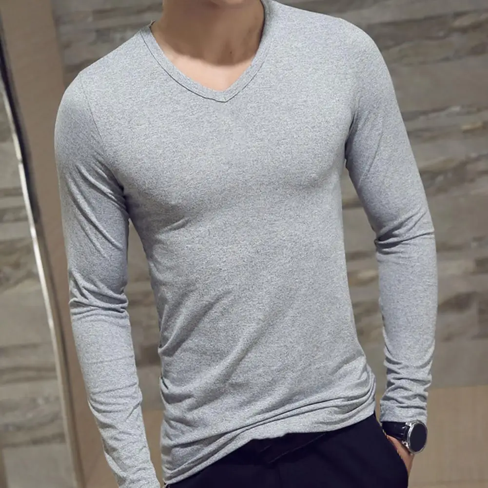 Sports Gym Long Sleeve Slim Fit T-shirt Men's Solid Color Casual V-neck Underlay Shirt Round Neck T Shirt Fitness Sport T Shirt - Image 4