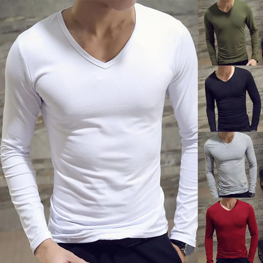 Sports Gym Long Sleeve Slim Fit T-shirt Men's Solid Color Casual V-neck Underlay Shirt Round Neck T Shirt Fitness Sport T Shirt - Image 5