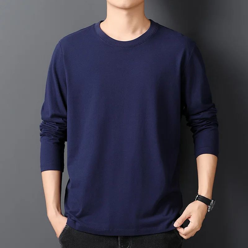 Spring Autumn 100% Cotton T-Shirts Men Solid Round Neck Long Sleeve Casual Tshirt Male Comfortable Breathable Korean Slim Tees - Image 2