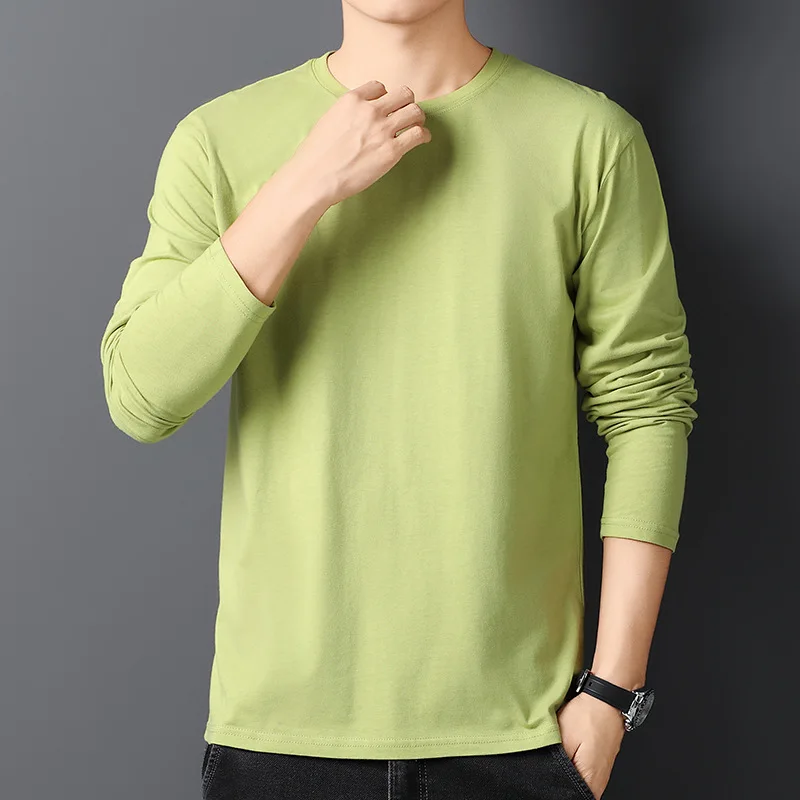 Spring Autumn 100% Cotton T-Shirts Men Solid Round Neck Long Sleeve Casual Tshirt Male Comfortable Breathable Korean Slim Tees - Image 5