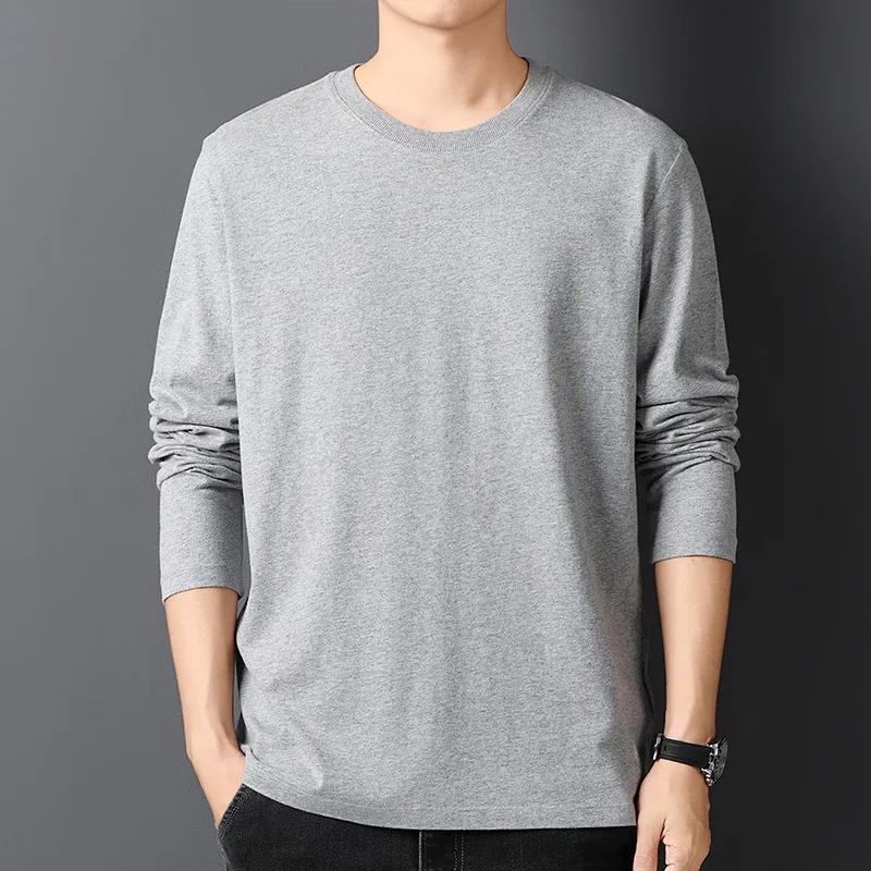 Spring Autumn 100% Cotton T-Shirts Men Solid Round Neck Long Sleeve Casual Tshirt Male Comfortable Breathable Korean Slim Tees - Image 3
