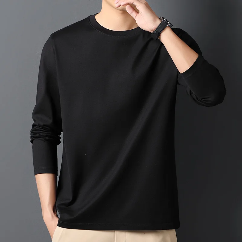 Spring Autumn 100% Cotton T-Shirts Men Solid Round Neck Long Sleeve Casual Tshirt Male Comfortable Breathable Korean Slim Tees - Image 4