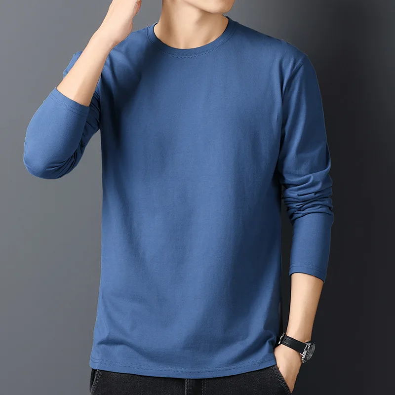 Spring Autumn 100% Cotton T-Shirts Men Solid Round Neck Long Sleeve Casual Tshirt Male Comfortable Breathable Korean Slim Tees - Image 6