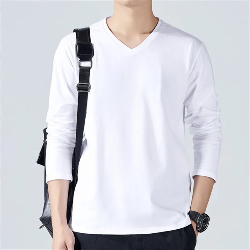 Spring Autumn Cotton V-Neck T-Shirt Men Long SLeeve Korean Style Casual T Shirts Men's Solid Slim Tees Tops Male Clothing 2024 - Image 6
