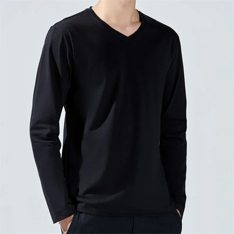 Spring Autumn Cotton V-Neck T-Shirt Men Long SLeeve Korean Style Casual T Shirts Men's Solid Slim Tees Tops Male Clothing 2024 - Image 5