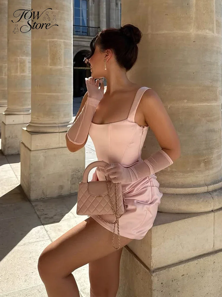 Square-neck Halter Mini Dress Women Sexy Pleated Sleeveless Backless High Waist Bodycon Dresses 2026 Women's Summer Party Robes - Image 3