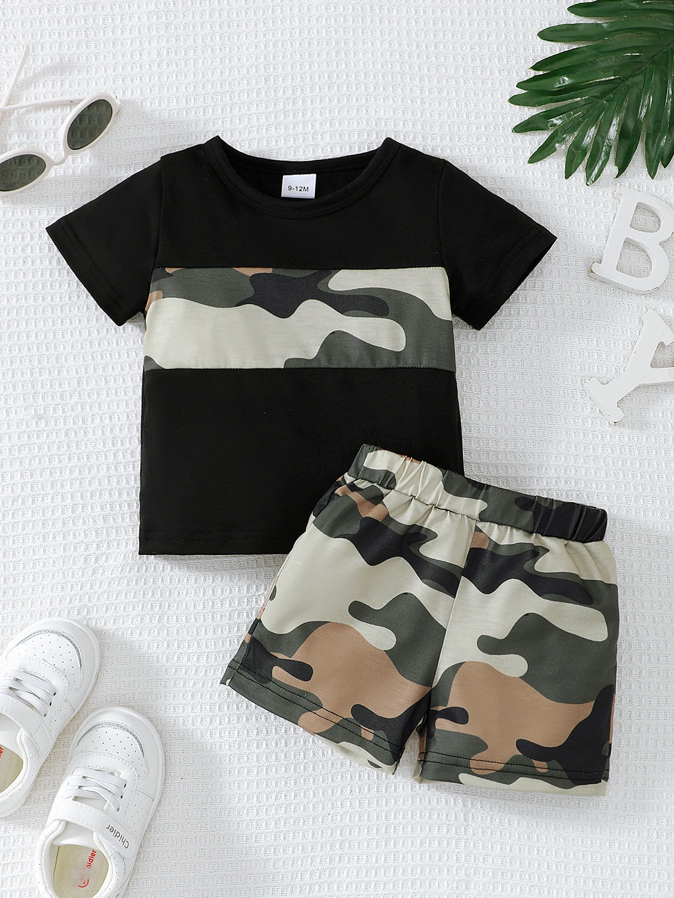 Summer 0-3 Years Old Short Sleeved Camouflage Splicing Top and Shorts Casual 2-Piece Set
