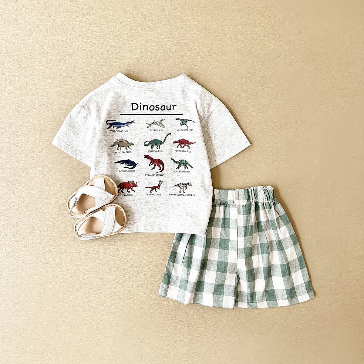 Summer 2Pcs Newborn Baby Boys Clothes Set Girls Suit Casual Dinosaur Printed T-shirt+Checkered Shorts Infant Toddler Outfit 0-3Y - Image 2