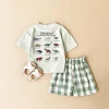 Summer 2Pcs Newborn Baby Boys Clothes Set Girls Suit Casual Dinosaur Printed T-shirt+Checkered Shorts Infant Toddler Outfit 0-3Y