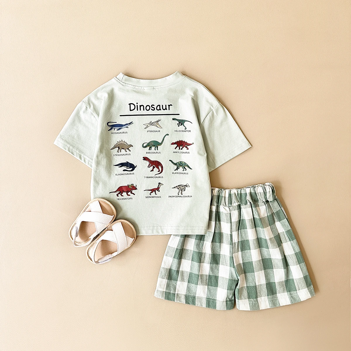 Summer 2Pcs Newborn Baby Boys Clothes Set Girls Suit Casual Dinosaur Printed T-shirt+Checkered Shorts Infant Toddler Outfit 0-3Y