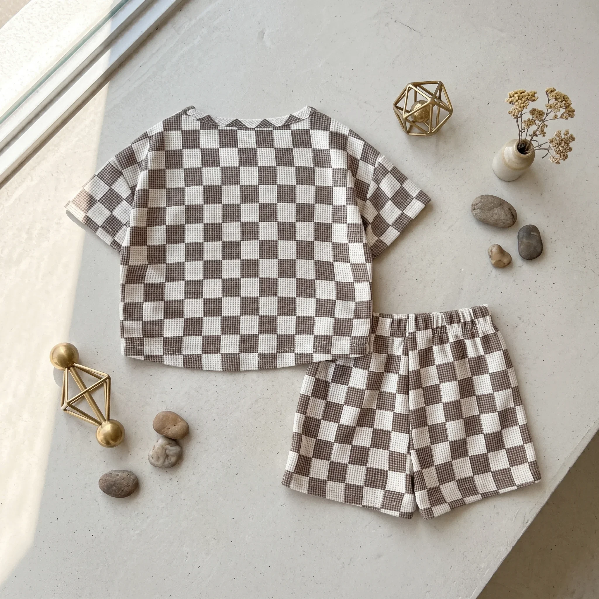 Summer Babys Boys Girls Plaid Set Turn Round Neck Boys Casual Style Short Sleeve T-shirt+Shorts Children Breathable Outfit 0-3Y - Image 2