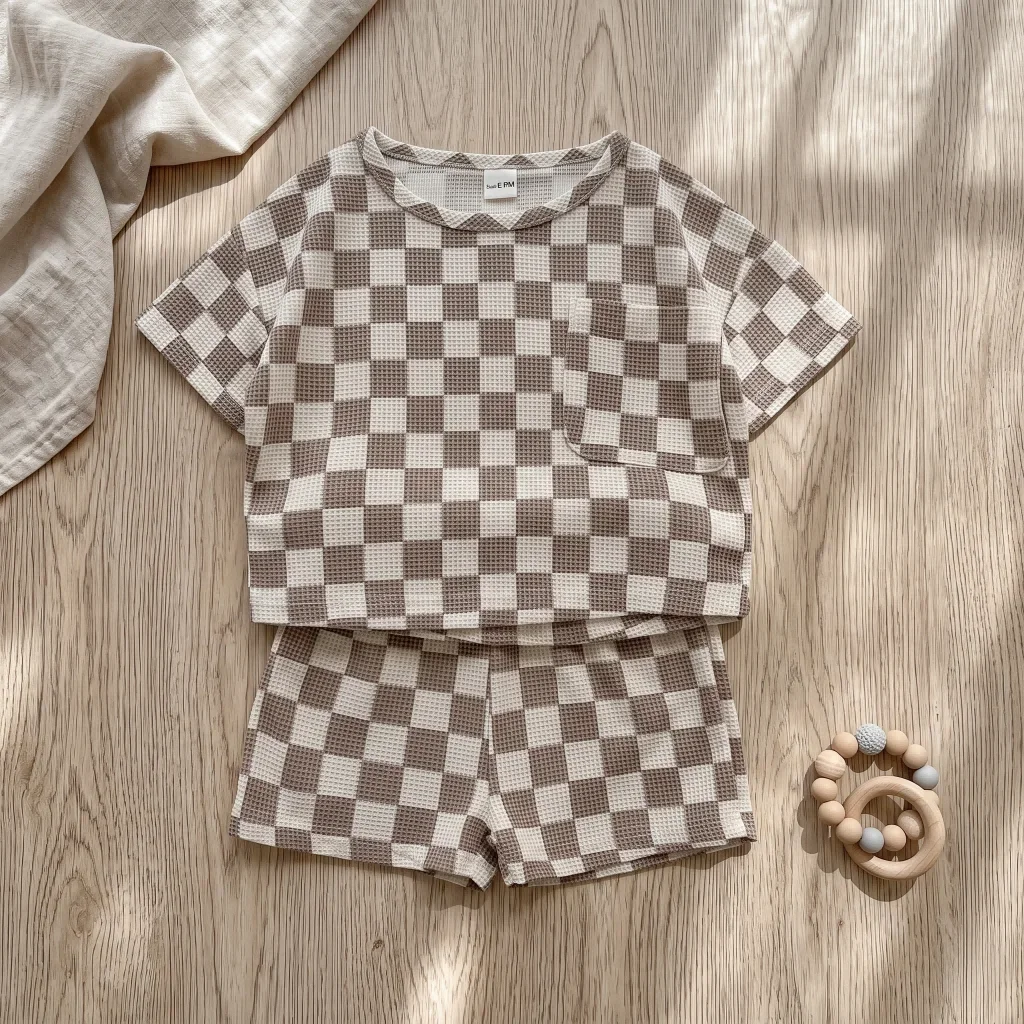 Summer Babys Boys Girls Plaid Set Turn Round Neck Boys Casual Style Short Sleeve T-shirt+Shorts Children Breathable Outfit 0-3Y - Image 5