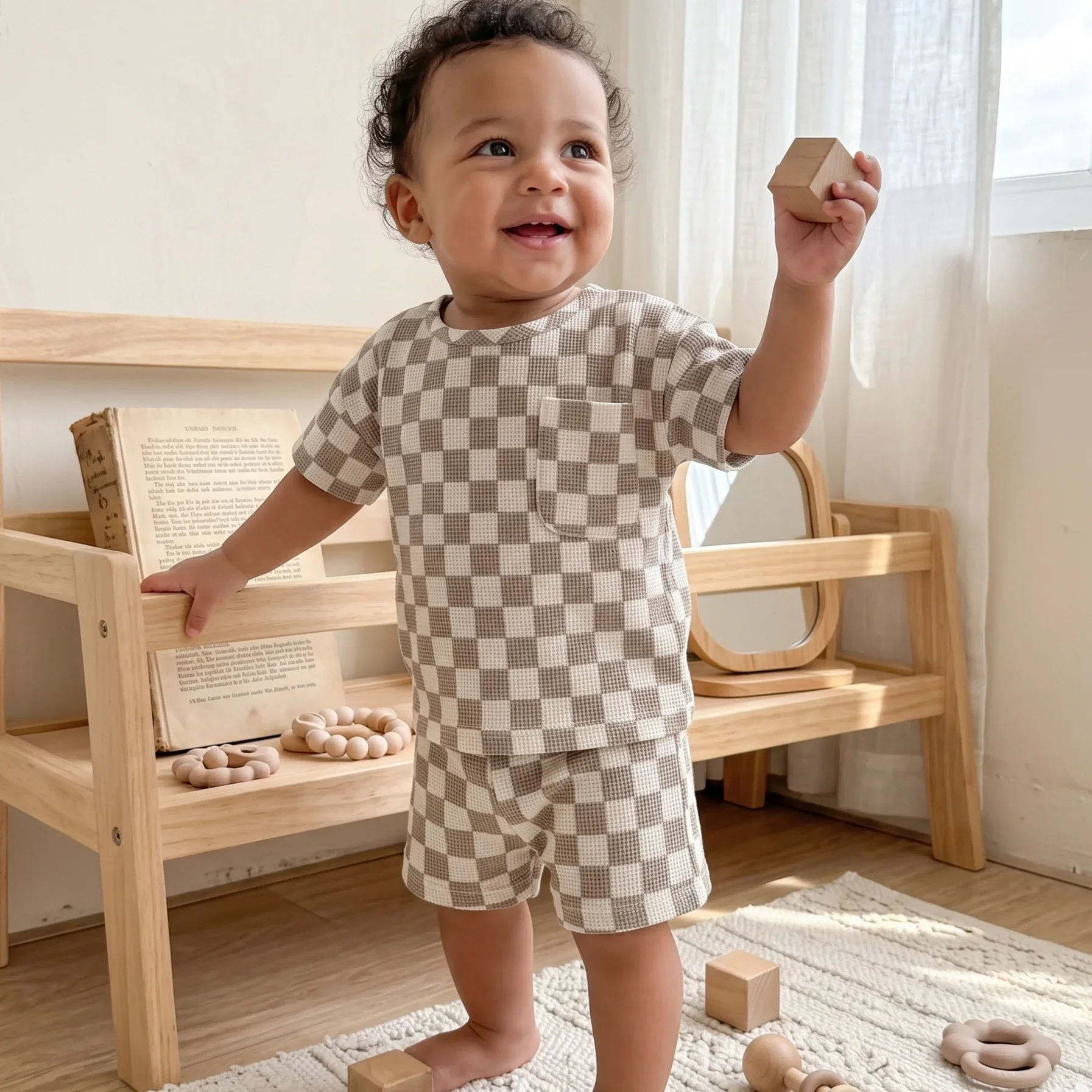 Summer Babys Boys Girls Plaid Set Turn Round Neck Boys Casual Style Short Sleeve T-shirt+Shorts Children Breathable Outfit 0-3Y - Image 3
