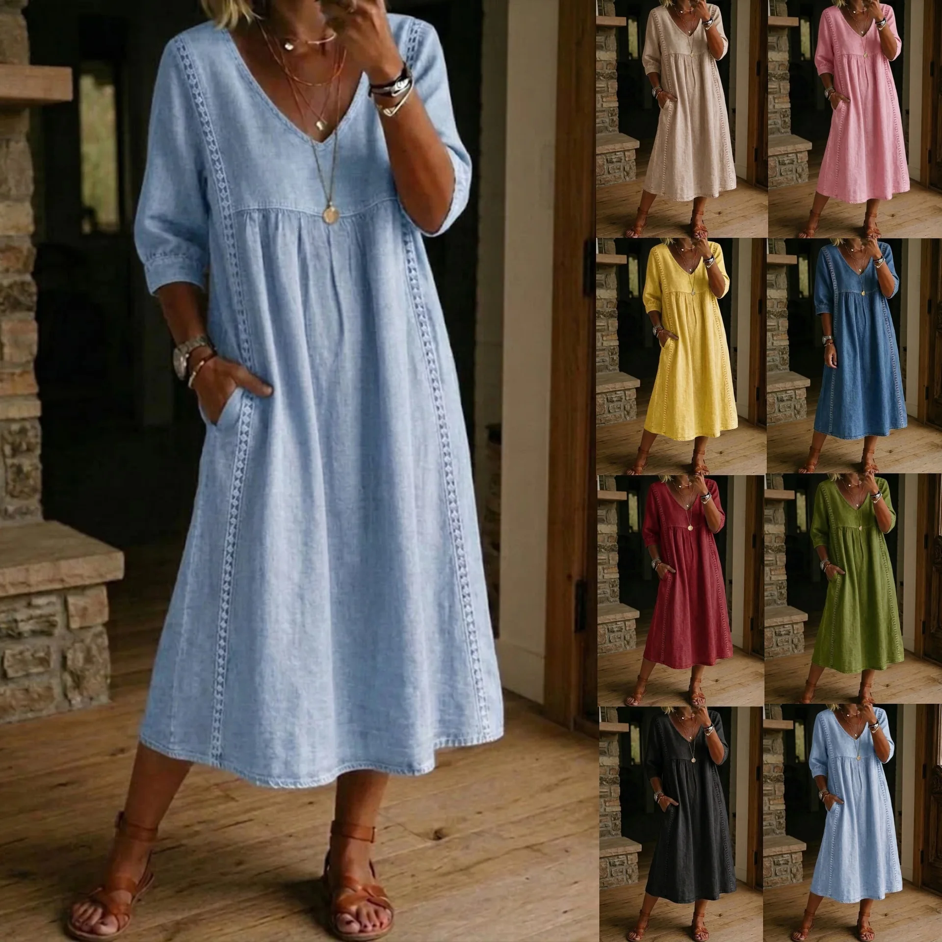 Summer Casual V Neck Beach Holiday Long Dress Women Fashion Lace Patchwork Solid Color A-line Dress Boho Style Loose Sundress - Image 2