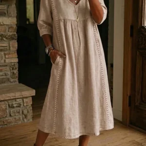 Summer Casual V Neck Beach Holiday Long Dress Women Fashion Lace Patchwork Solid Color A-line Dress Boho Style Loose Sundress