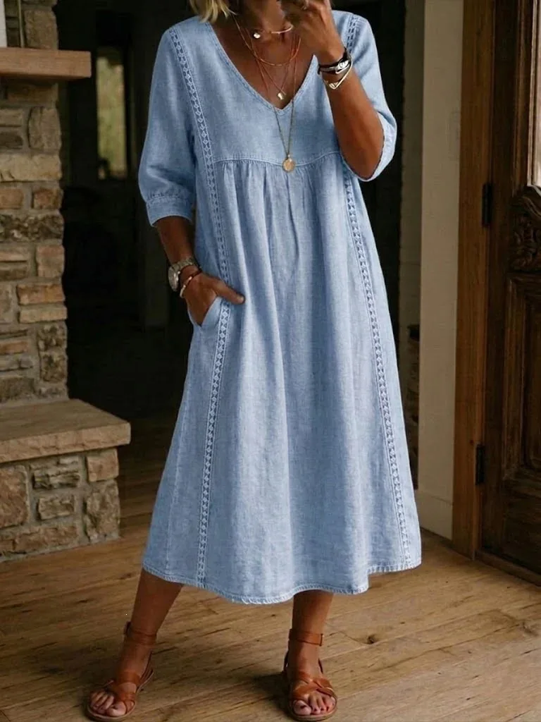 Summer Casual V Neck Beach Holiday Long Dress Women Fashion Lace Patchwork Solid Color A-line Dress Boho Style Loose Sundress - Image 6