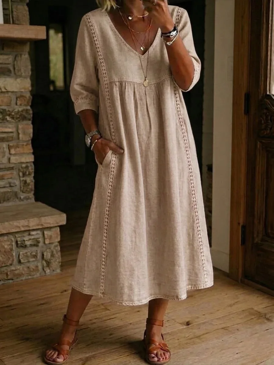 Summer Casual V Neck Beach Holiday Long Dress Women Fashion Lace Patchwork Solid Color A-line Dress Boho Style Loose Sundress